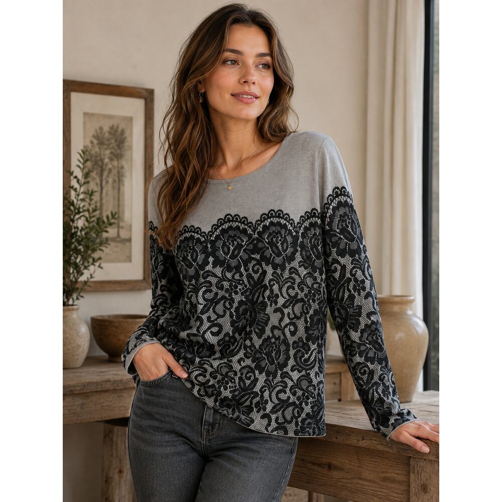 Bob Mackie Wearable Art Women’s Large Gray Black Floral Lace Print Sweater